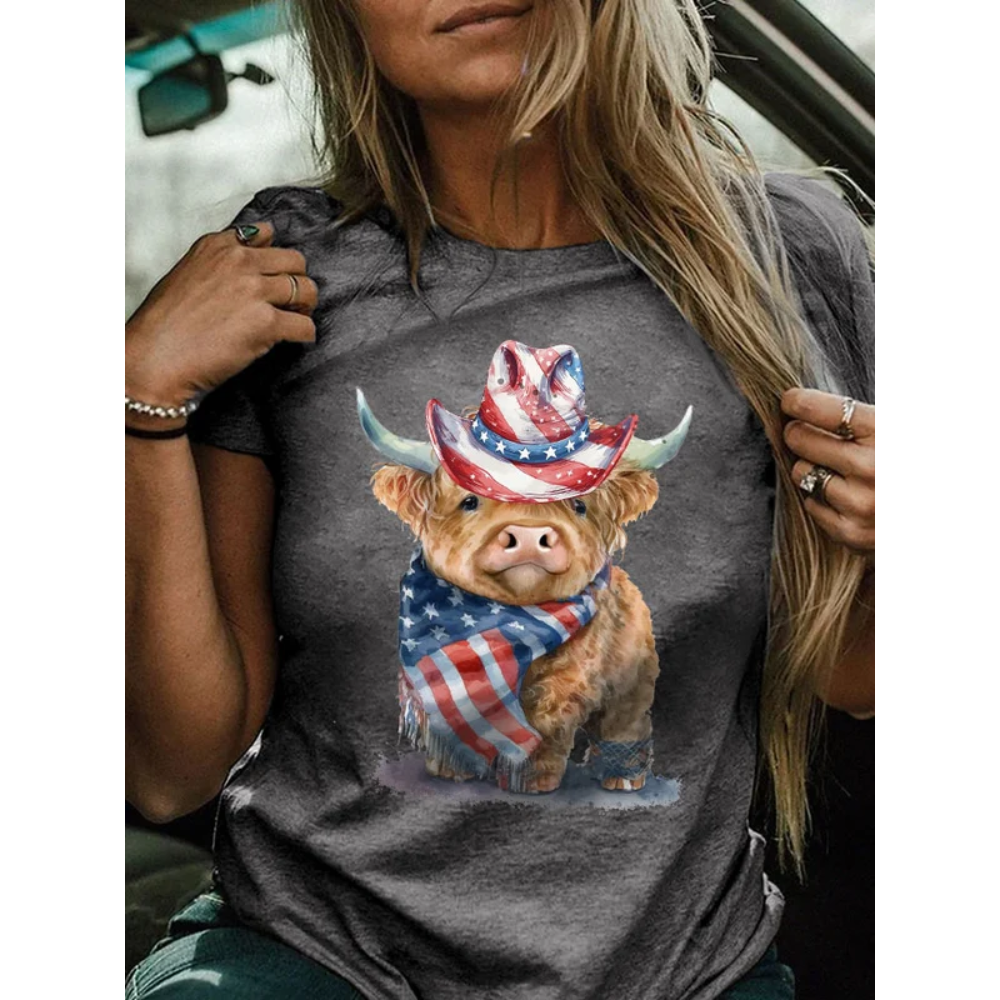Women's Highland Cow USA Flag Print Crew Neck T-Shirt