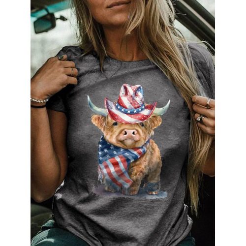 Women's Highland Cow USA Flag Print Crew Neck T-Shirt
