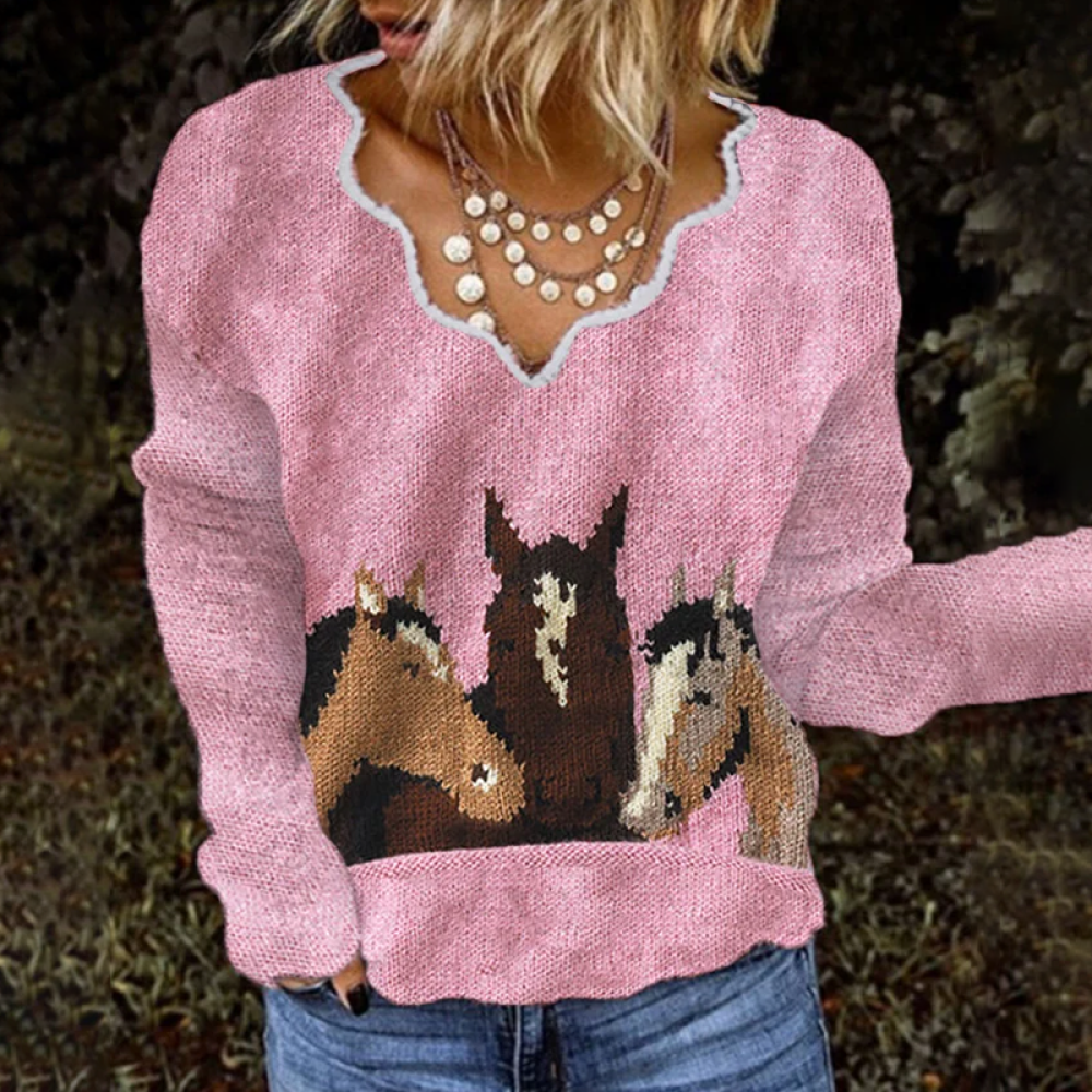 Women's Horse Print French Cashmere Print V-Neck Cozy Knit Sweater