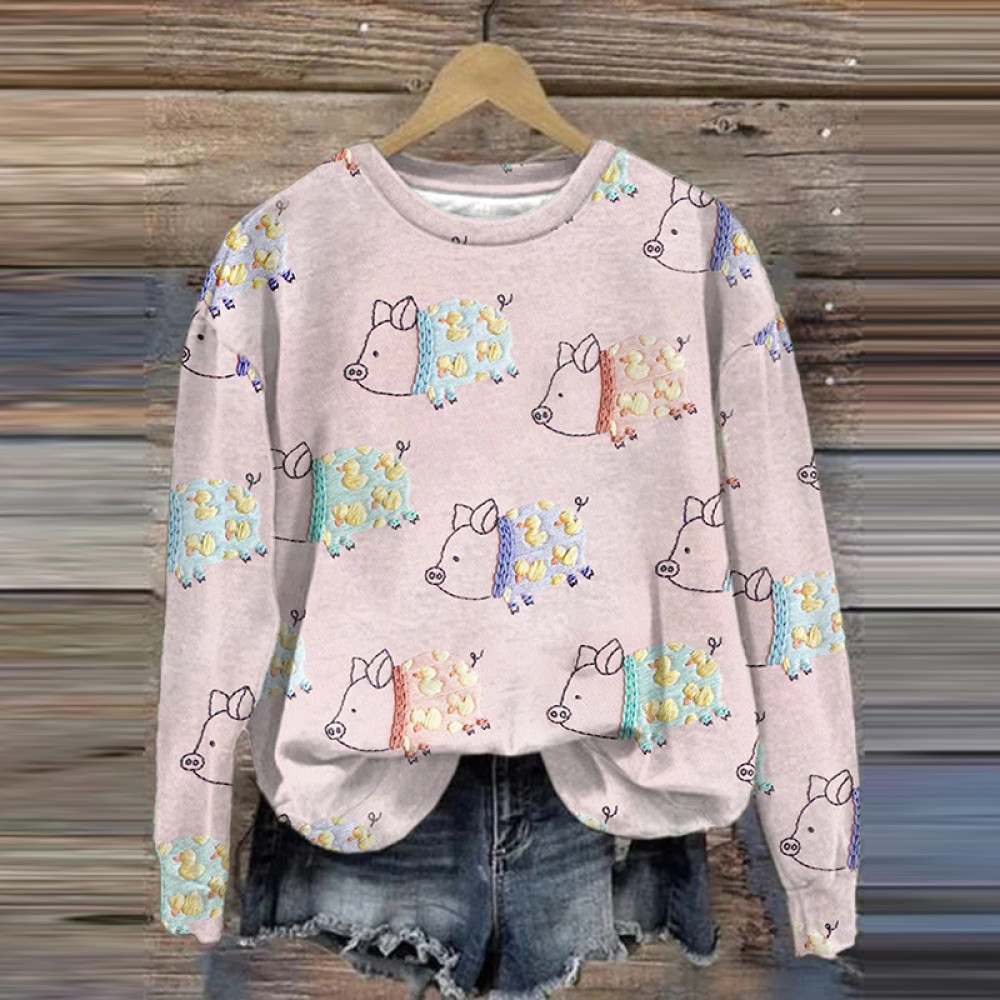 Women's Pig Print Long Sleeve Sweatshirt