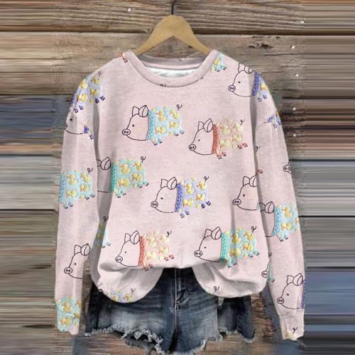 Women's Pig Print Long Sleeve Sweatshirt