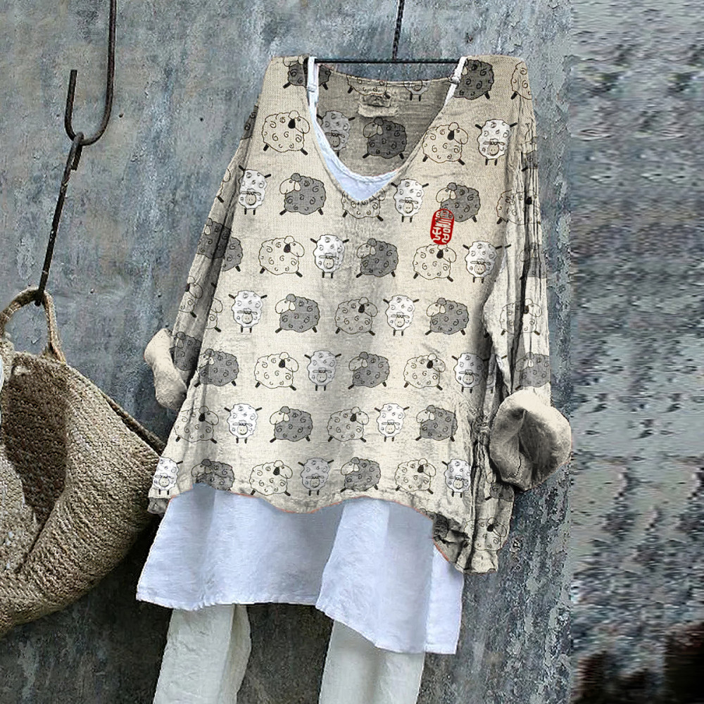 Women's Vintage Sheep Japanese Art Art Cozy Linen Blend Tunic