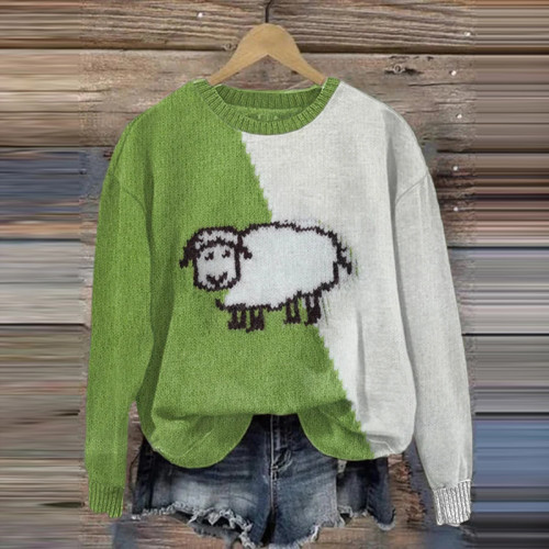 Women's Vintage Sheep Print Round Neck Sweater