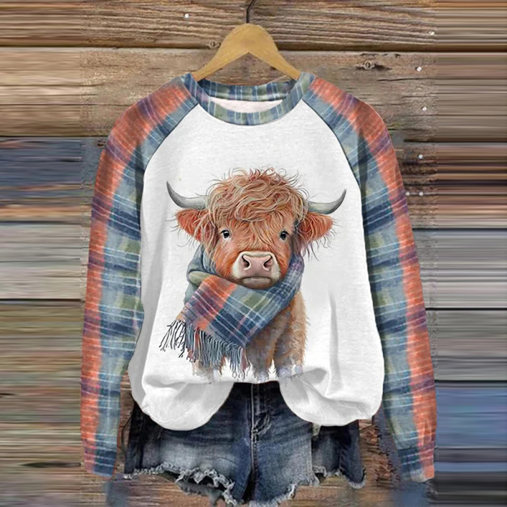 Women's Watercolor Highland Cow In Scarf Print Casual Sweatshirt