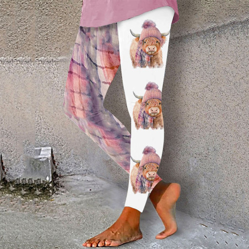 Women's Winter West Highland Cow Plaid Print Yoga Leggings