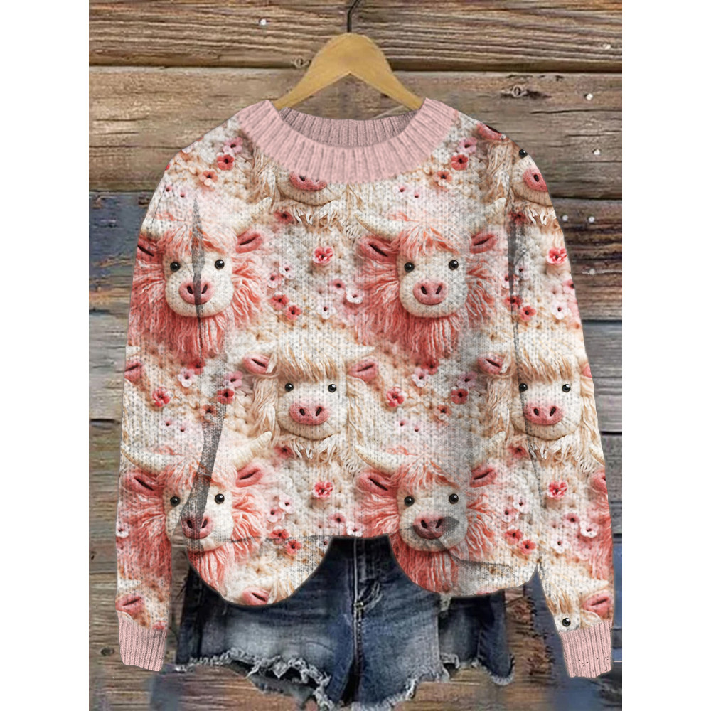 Woolen Cow Art Cozy Crew Neck Sweater