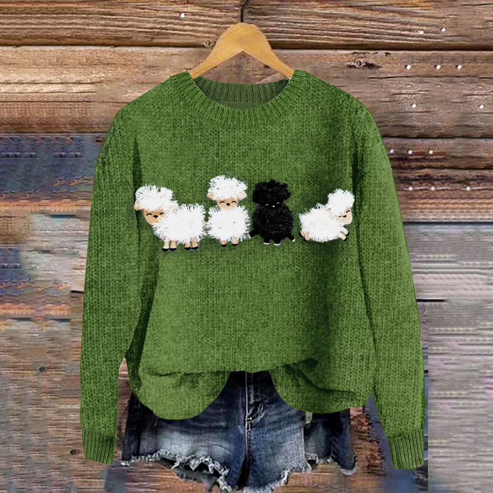 Woolpack Sheep Graphic Crew Neck Cozy Knit Sweater