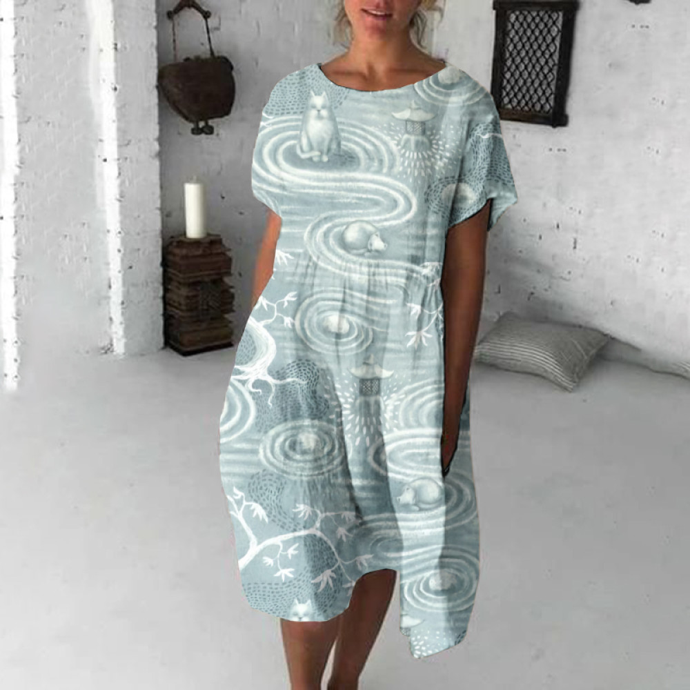 Zen Cats's Garden Japanese Art Linen Blend Loose Casual Midi Dress