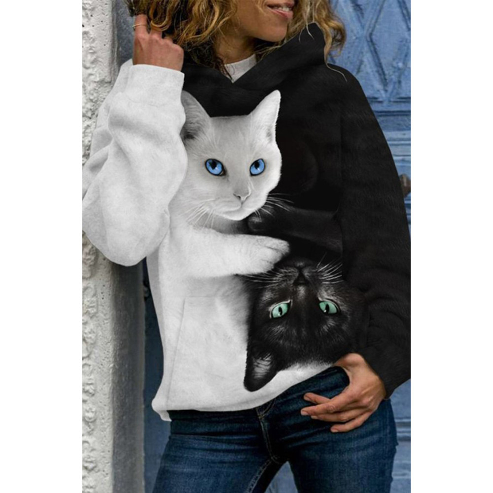 Black And White Cat Print Long Sleeve Hoodie