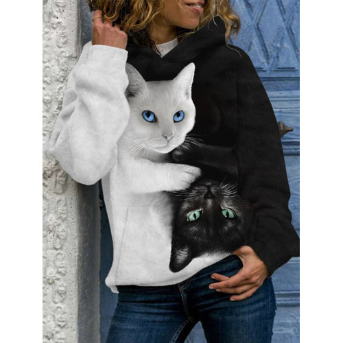 Black And White Cat Print Long Sleeve Hoodie
