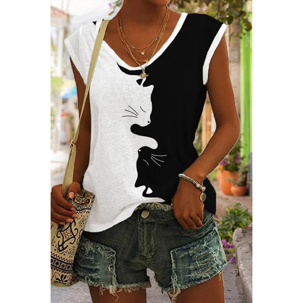 Black And White Cat V-Neck Print Tank Top
