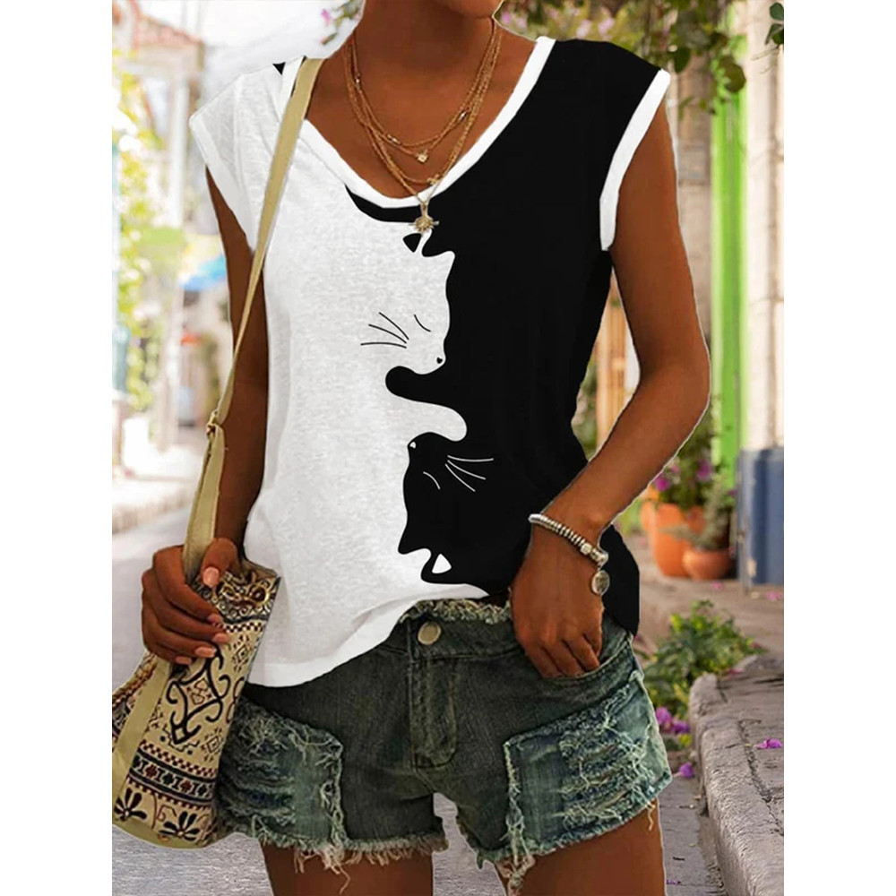 Black And White Cat V-Neck Print Tank Top