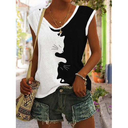 Black And White Cat V-Neck Print Tank Top