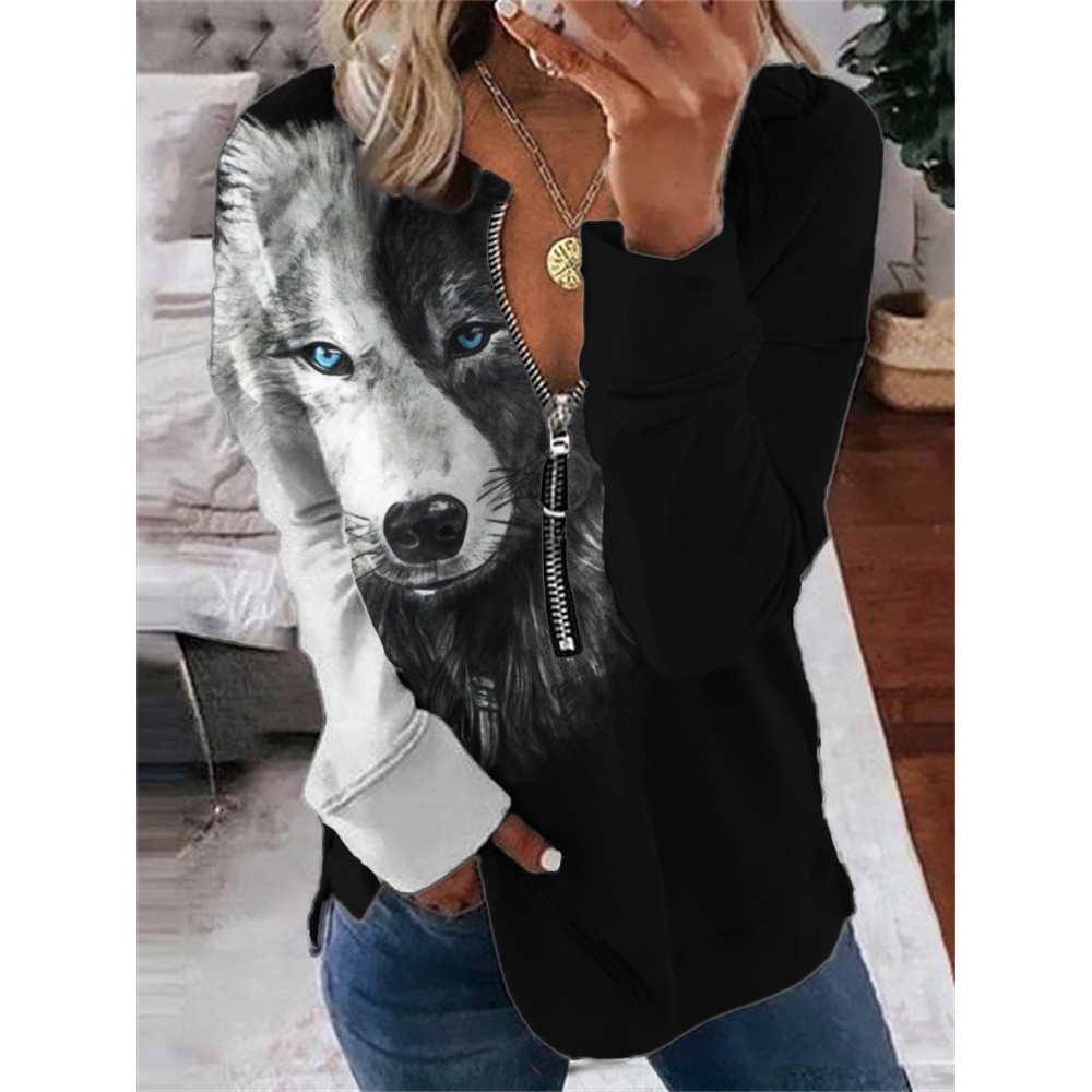 Black And White Wolf Contrast Zip Up Sweatshirt