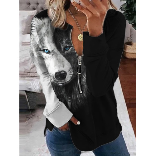 Black And White Wolf Contrast Zip Up Sweatshirt