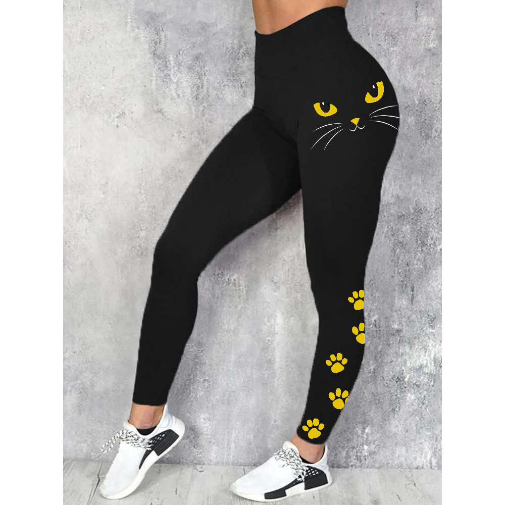 Black Cat Face Paw Print Comfy Leggings