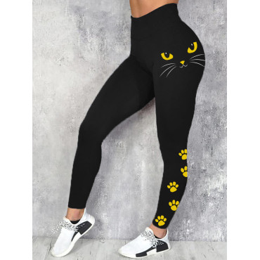 Black Cat Face Paw Print Comfy Leggings