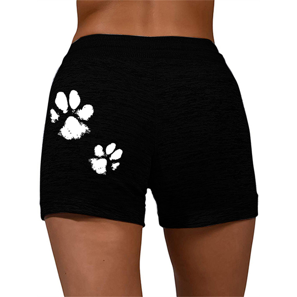 Black Cat Face Paw Print Drawstring Shorts
