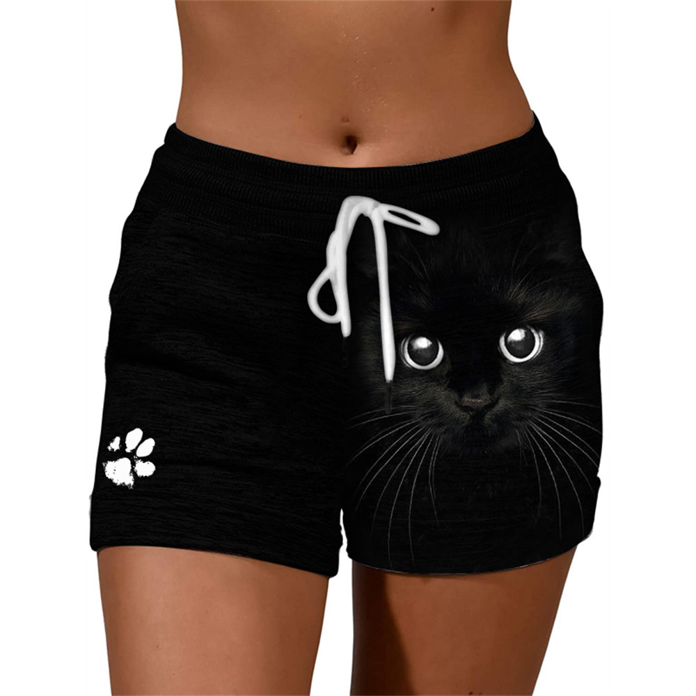 Black Cat Face Paw Print Drawstring Shorts