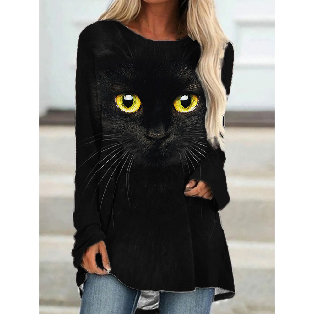 Black Cat Face Print A Line T Shirt