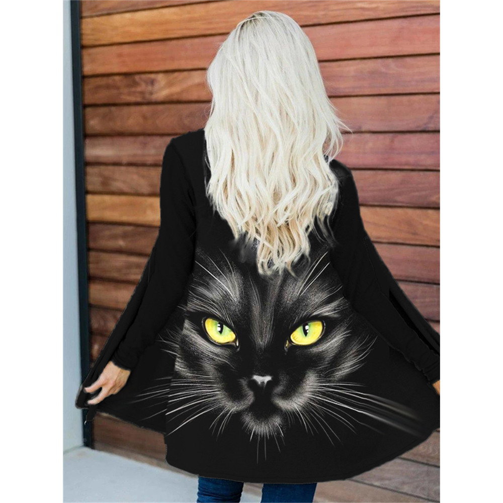 Black Cat Face Print Casual Cardigan