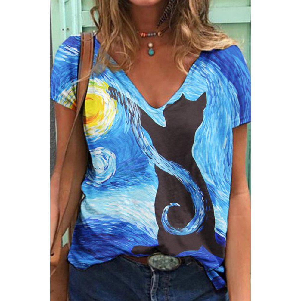 Casual Cat Oil Painting Print V-Neck T-Shirt