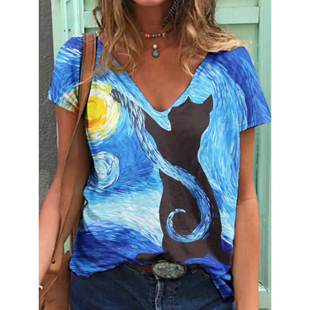 Casual Cat Oil Painting Print V-Neck T-Shirt