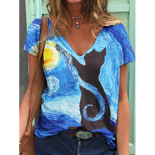 Casual Cat Oil Painting Print V-Neck T-Shirt