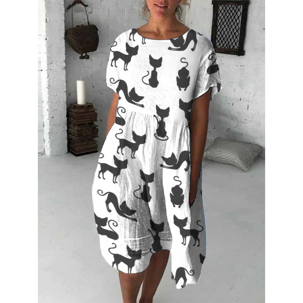 Casual Cat Print Short Sleeve Midi Dress