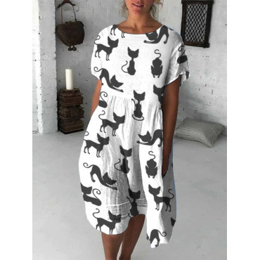 Casual Cat Print Short Sleeve Midi Dress