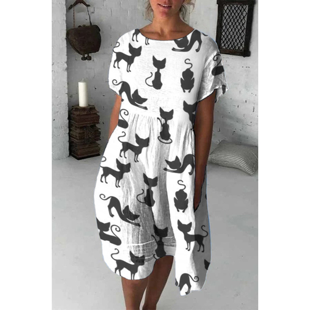 Casual Cat Print Short Sleeve Midi Dress