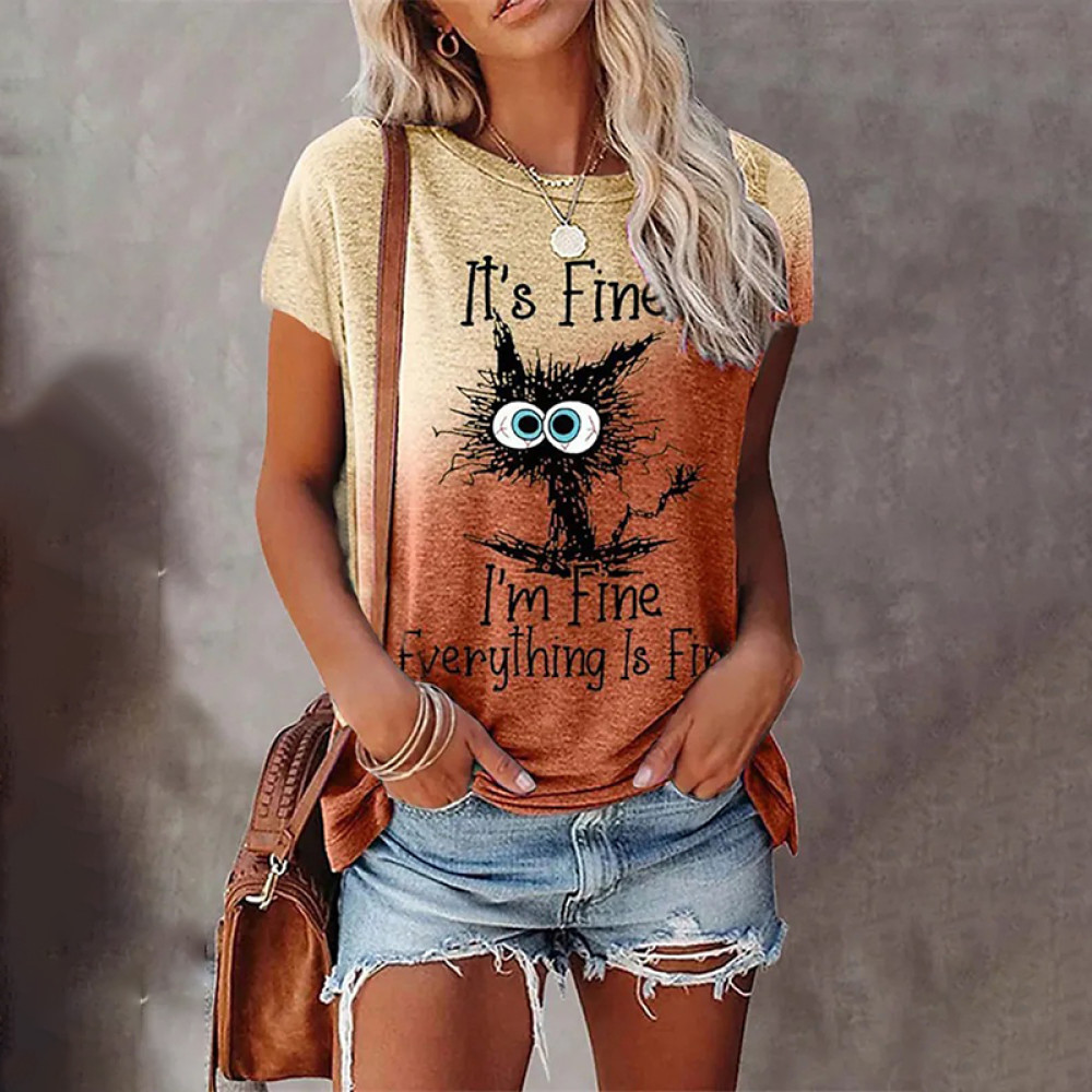 Casual Gradient Cat Print Short Sleeve T-Shirt
