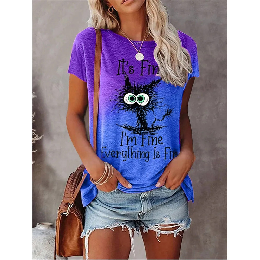 Casual Gradient Cat Print Short Sleeve T-Shirt