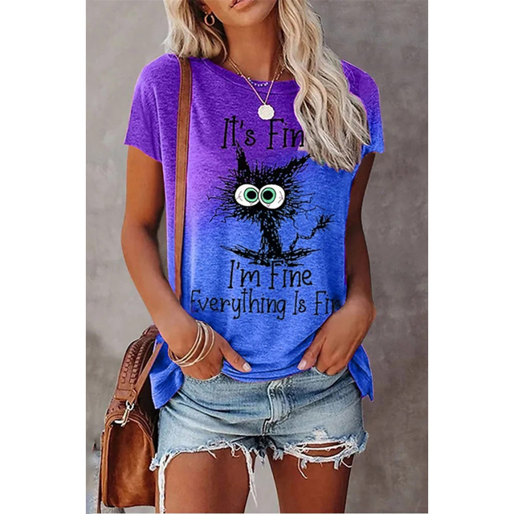 Casual Gradient Cat Print Short Sleeve T-Shirt