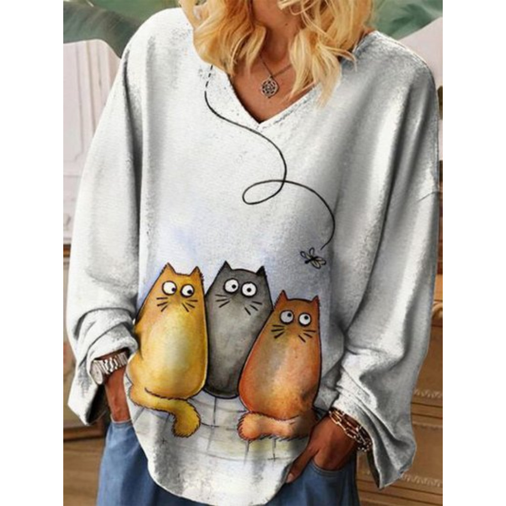 Cat Friends Printed V-Neck Casual Blouse