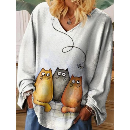 Cat Friends Printed V-Neck Casual Blouse