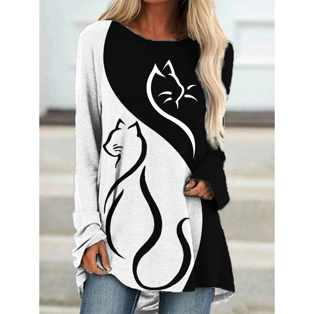 Cat Line Art Contrast Color A Line T Shirt