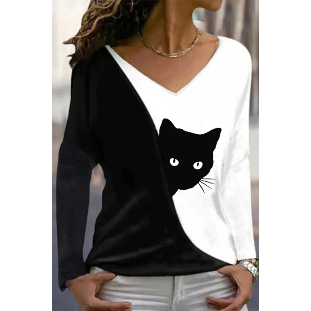 Cat Print Contrast Casual V-Neck T-Shirt