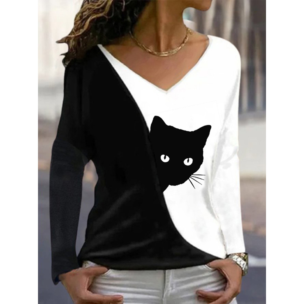 Cat Print Contrast Casual V-Neck T-Shirt