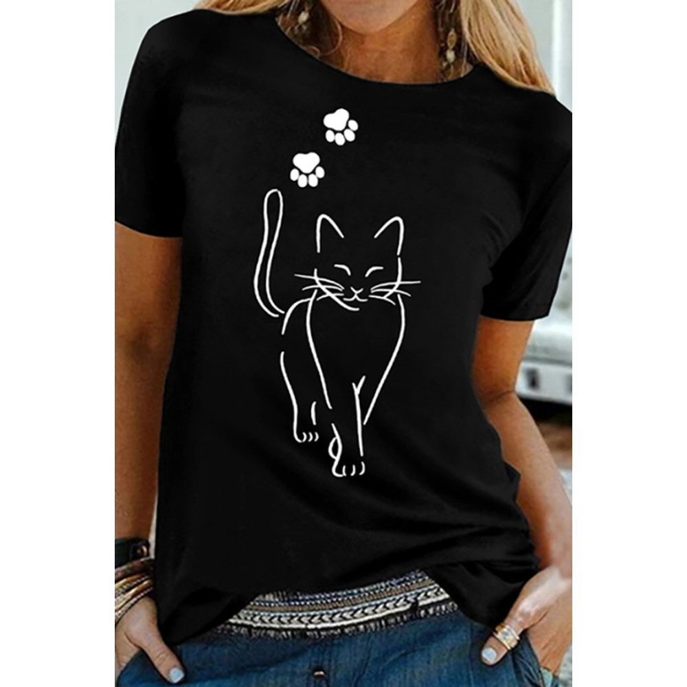 Cat Print Crew Neck Casual T-Shirt