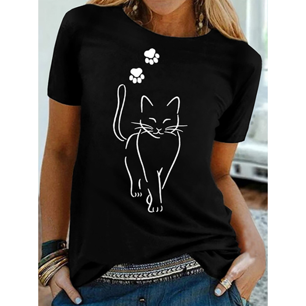 Cat Print Crew Neck Casual T-Shirt