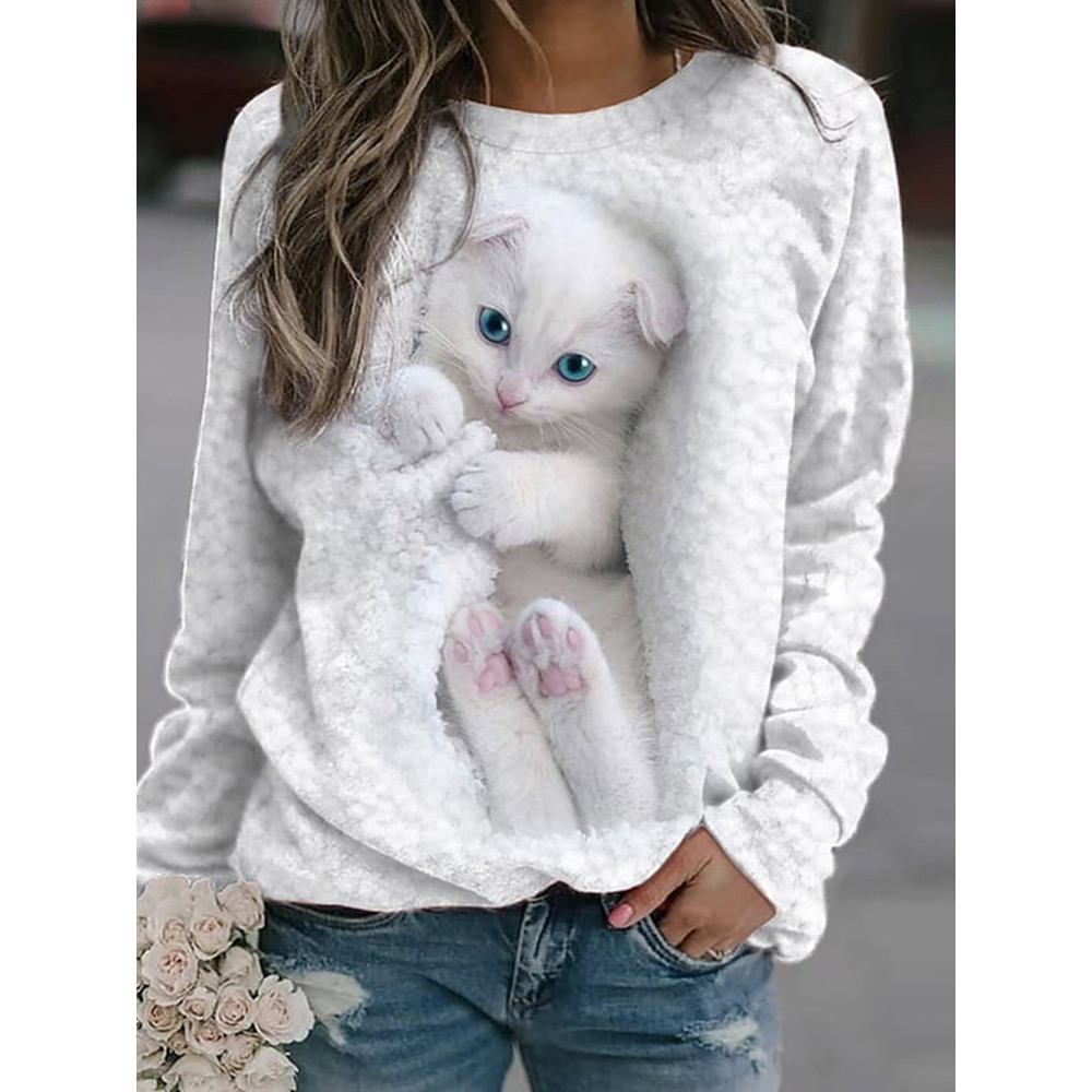 Cat Print Round Neck Casual Sweatshirt