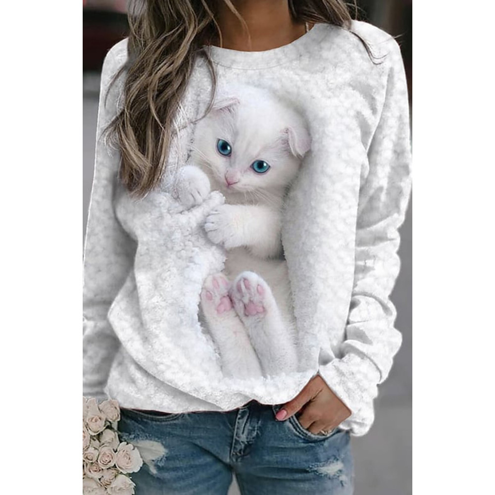 Cat Print Round Neck Casual Sweatshirt