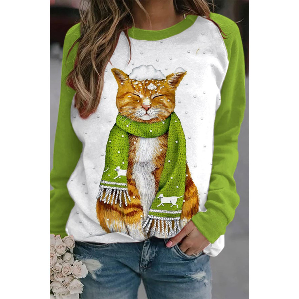 Cat Print Round Neck Panel Long Sleeve Sweatshirt