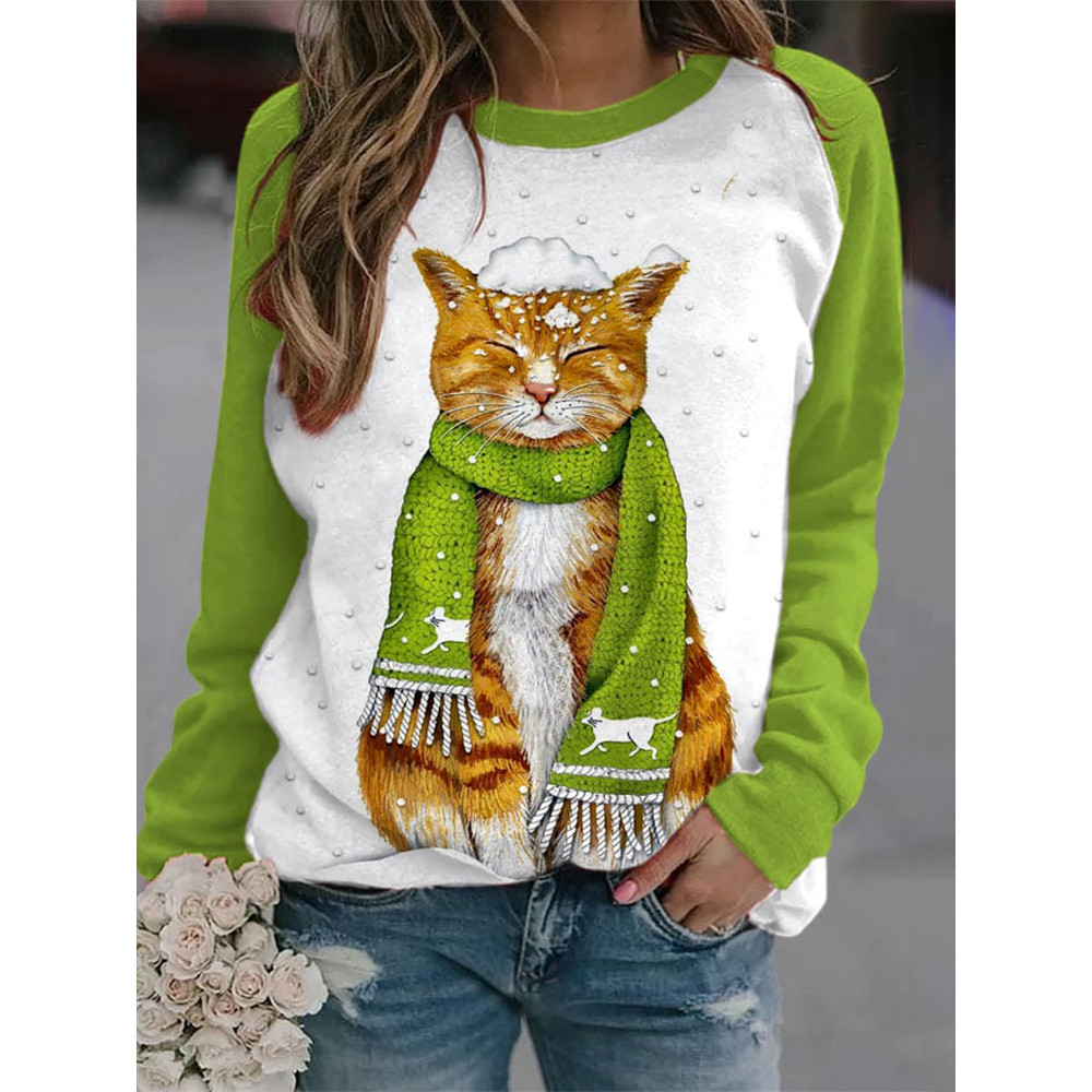 Cat Print Round Neck Panel Long Sleeve Sweatshirt