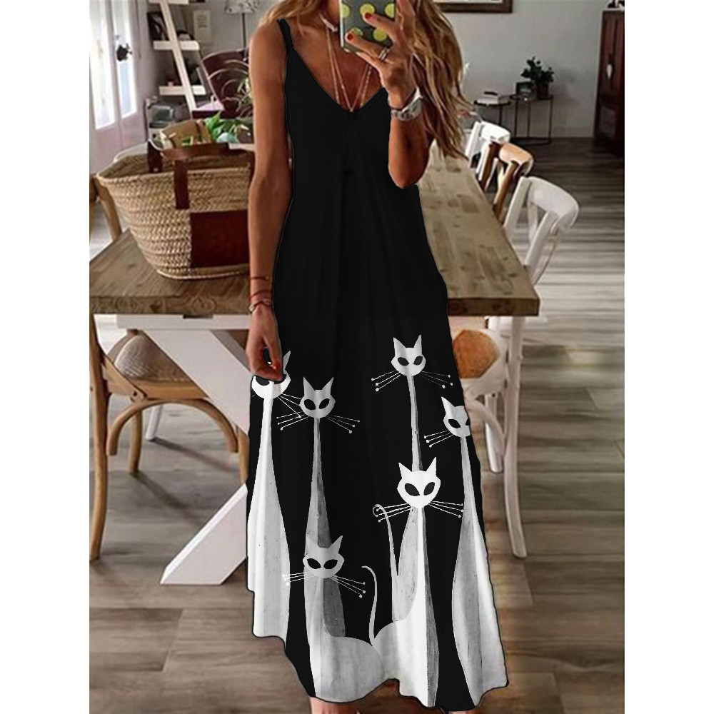 Cats Art V Neck Cami Maxi Dress