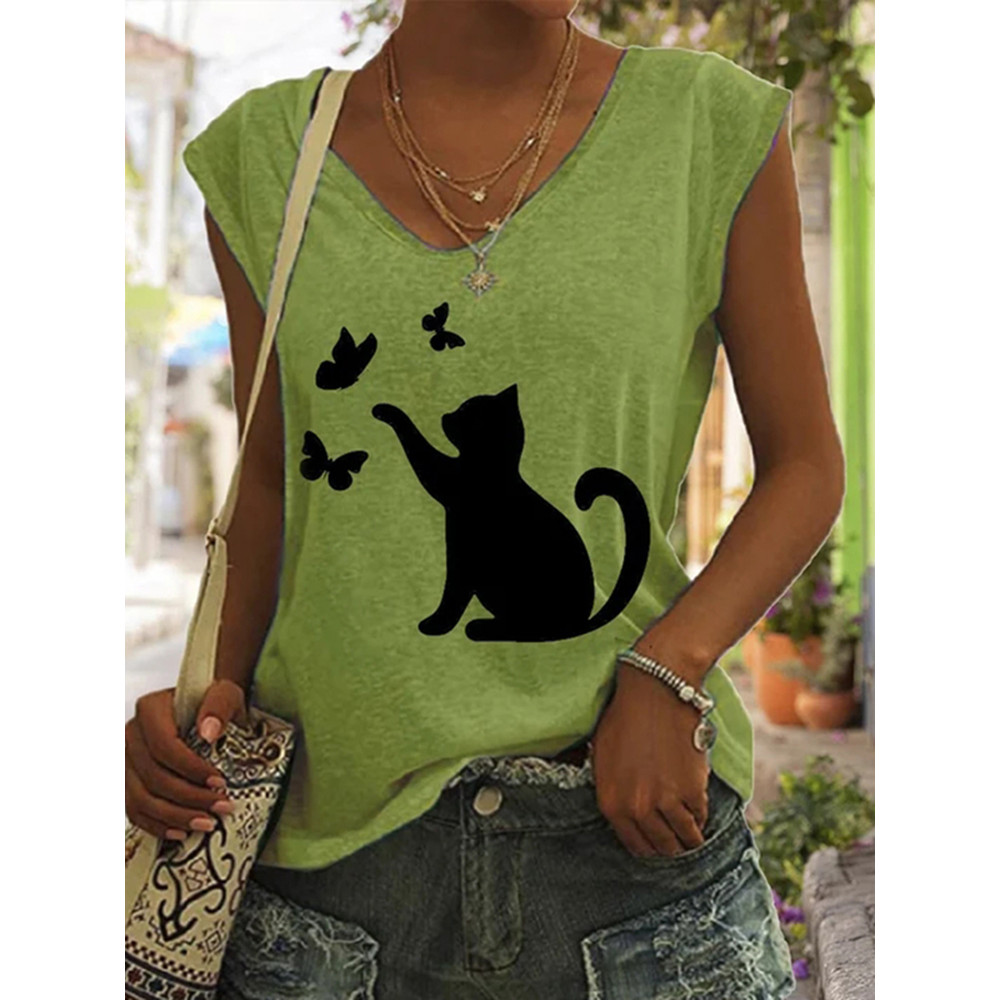 Cute Cat Catching Butterfly Print Tank Top