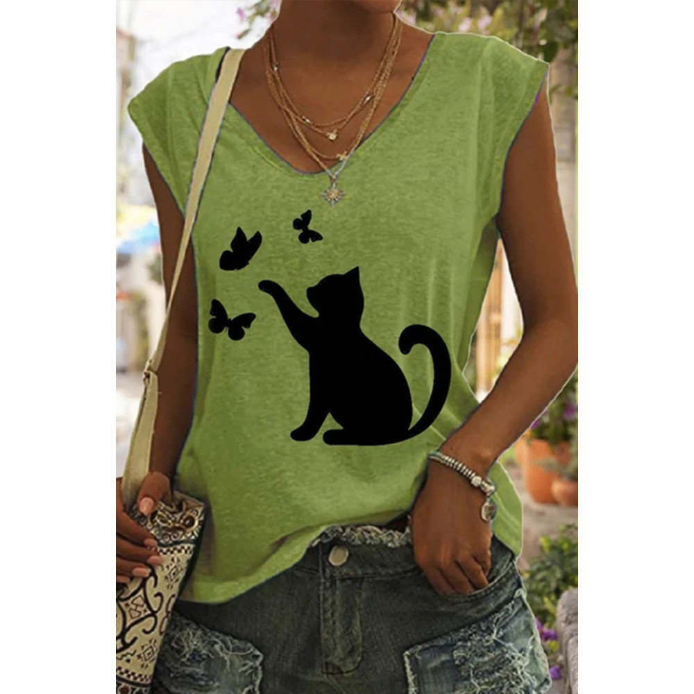 Cute Cat Catching Butterfly Print Tank Top