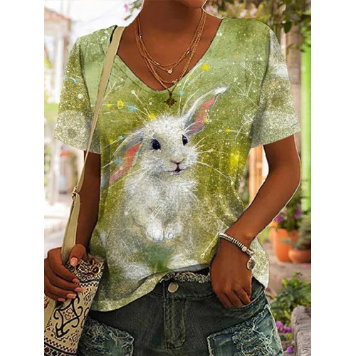 Easter Cute Bunny Print V Neck T-Shirt