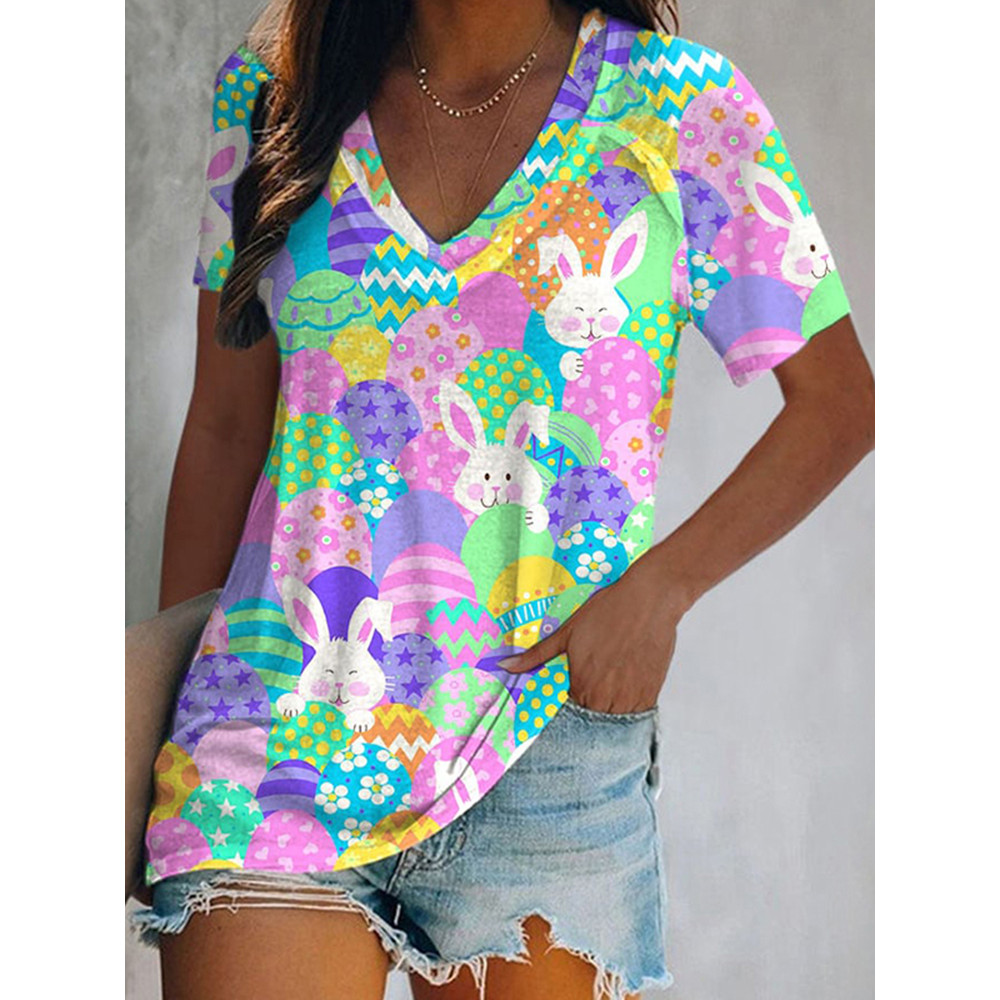 Easter Print V Neck Short Sleeve T-Shirt